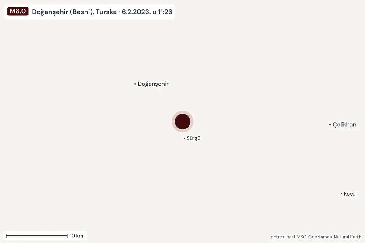 Karta: okolica epicentra, 60 km, potres M6,0, Doğanşehir (Besni), Turska, 6.2.2023.