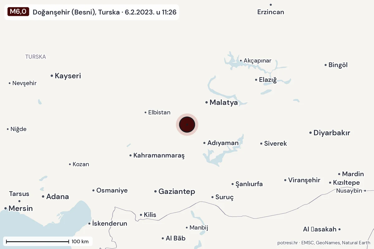 Karta: šire područje, 600 km, potres M6,0, Doğanşehir (Besni), Turska, 6.2.2023.