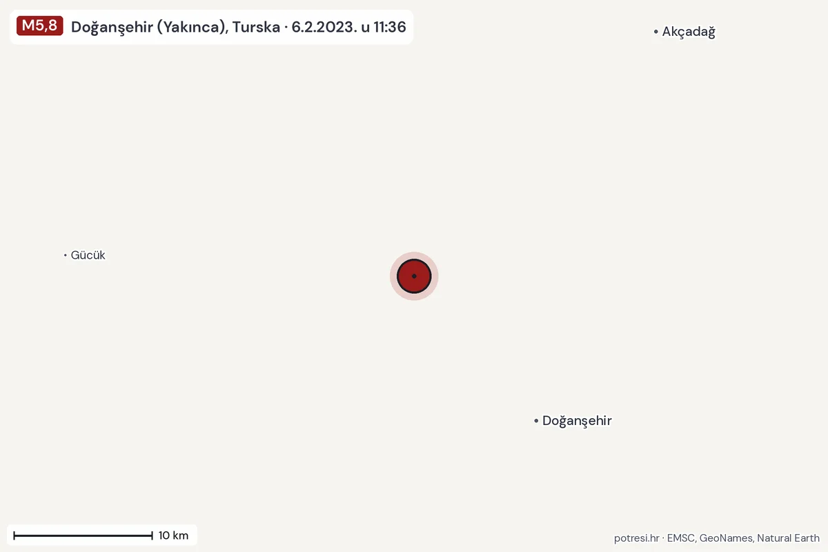 Karta: okolica epicentra, 60 km, potres M5,8, Doğanşehir (Yakınca), Turska, 6.2.2023.