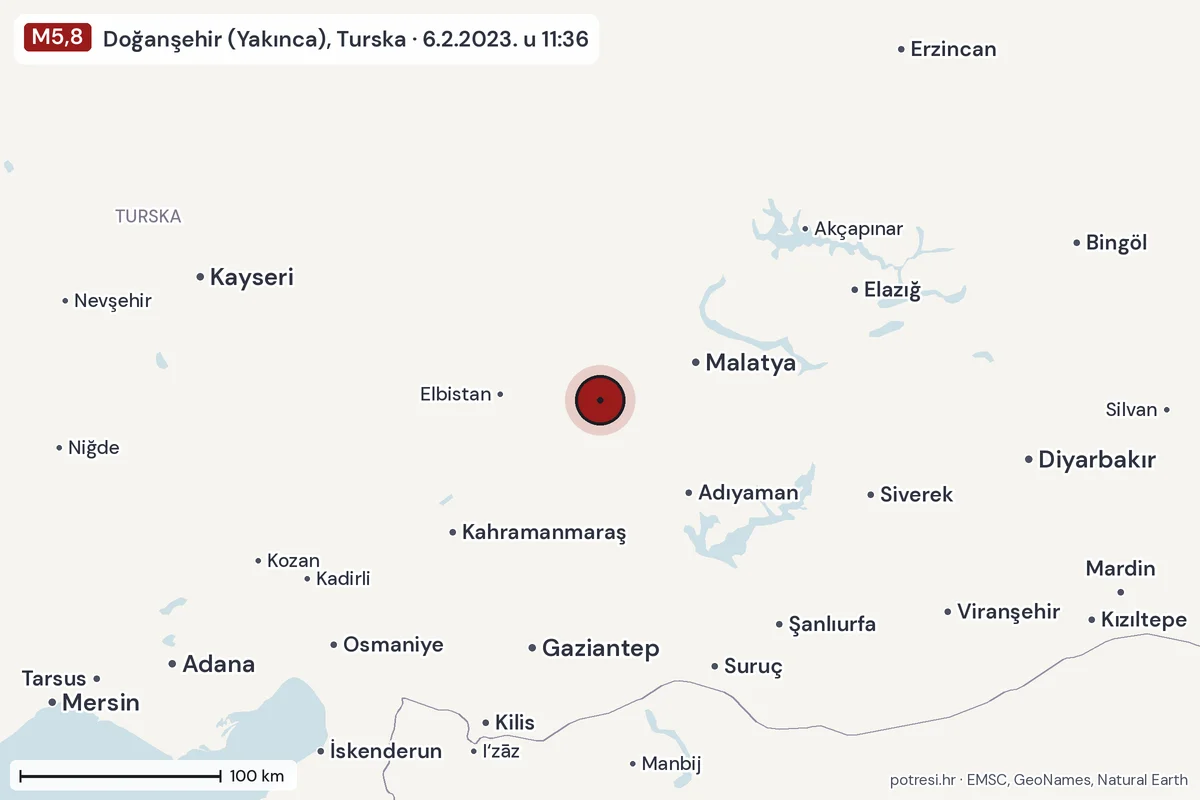 Karta: šire područje, 600 km, potres M5,8, Doğanşehir (Yakınca), Turska, 6.2.2023.
