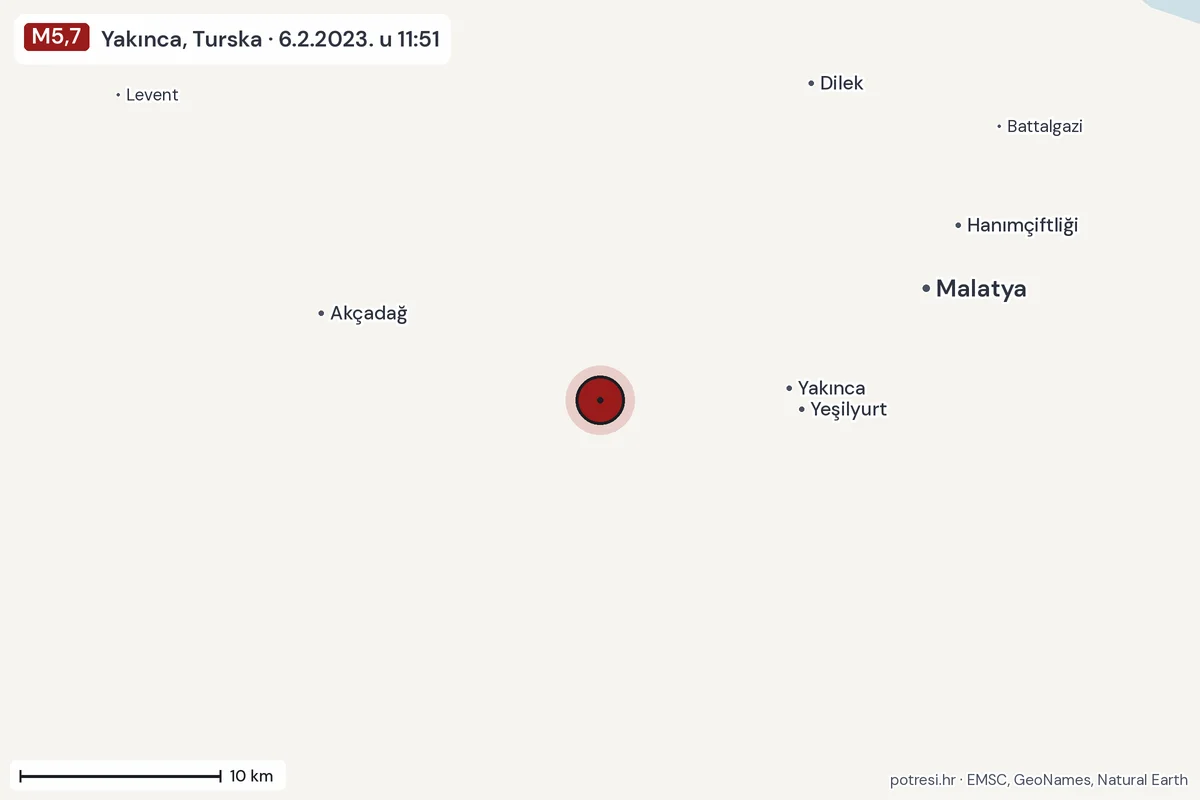 Karta: okolica epicentra, 60 km, potres M5,7, Yakınca, Turska, 6.2.2023.