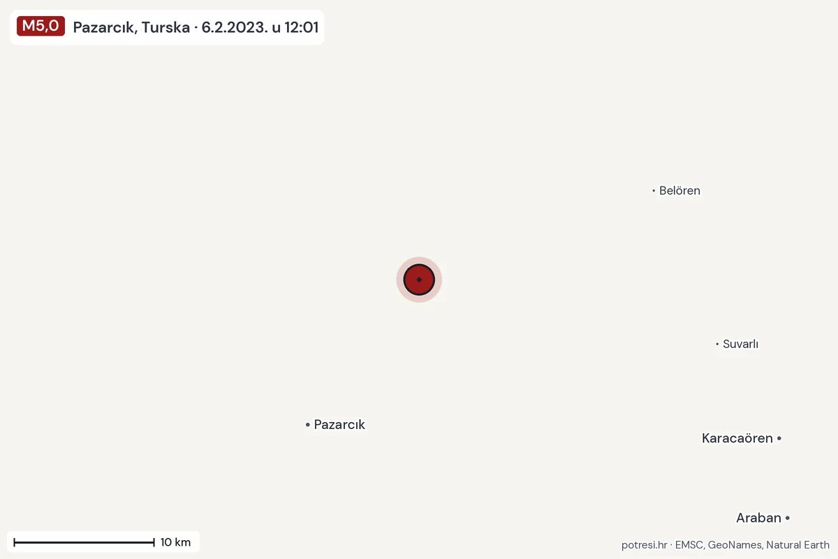 Karta: okolica epicentra, 60 km, potres M5,0, Pazarcık, Turska, 6.2.2023.