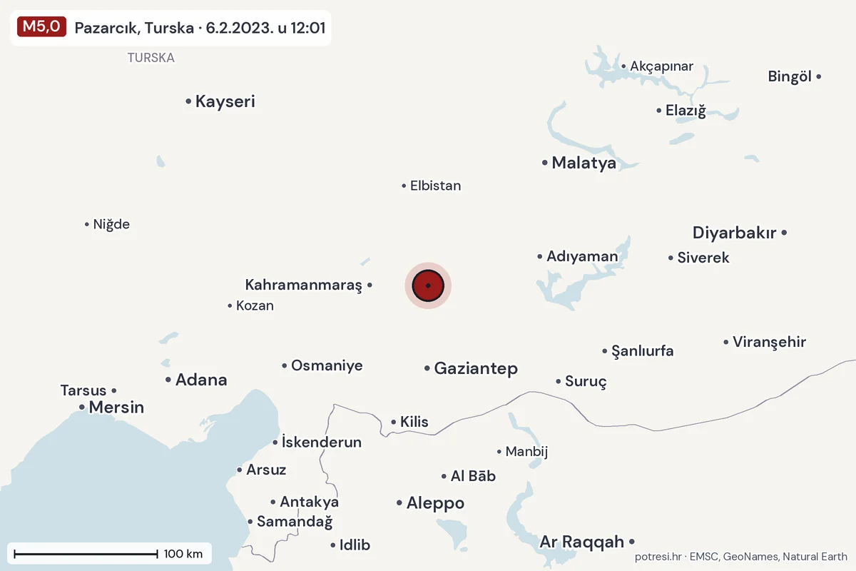 Karta: šire područje, 600 km, potres M5,0, Pazarcık, Turska, 6.2.2023.