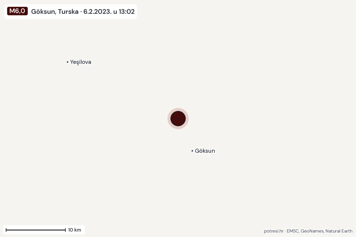 Karta: okolica epicentra, 60 km, potres M6,0, Göksun, Turska, 6.2.2023.