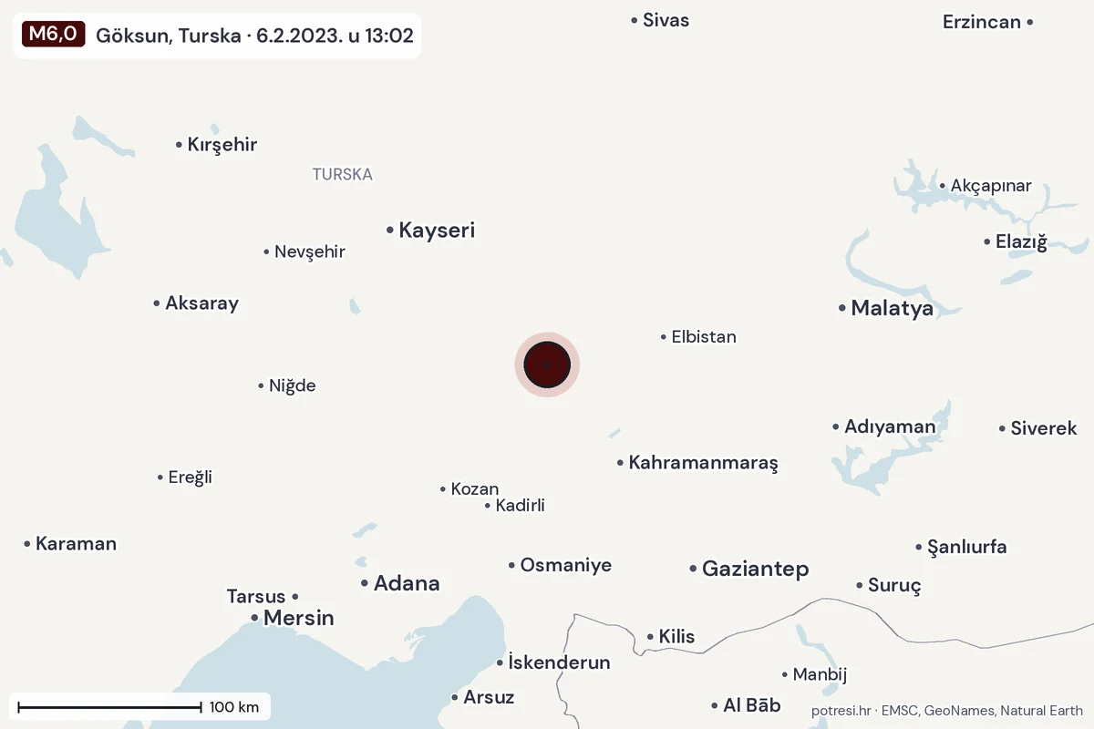 Karta: šire područje, 600 km, potres M6,0, Göksun, Turska, 6.2.2023.