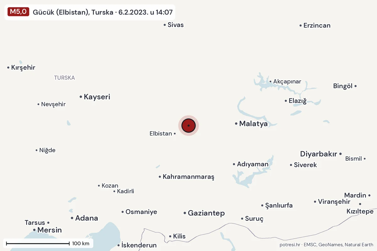Karta: šire područje, 600 km, potres M5,0, Gücük (Elbistan), Turska, 6.2.2023.