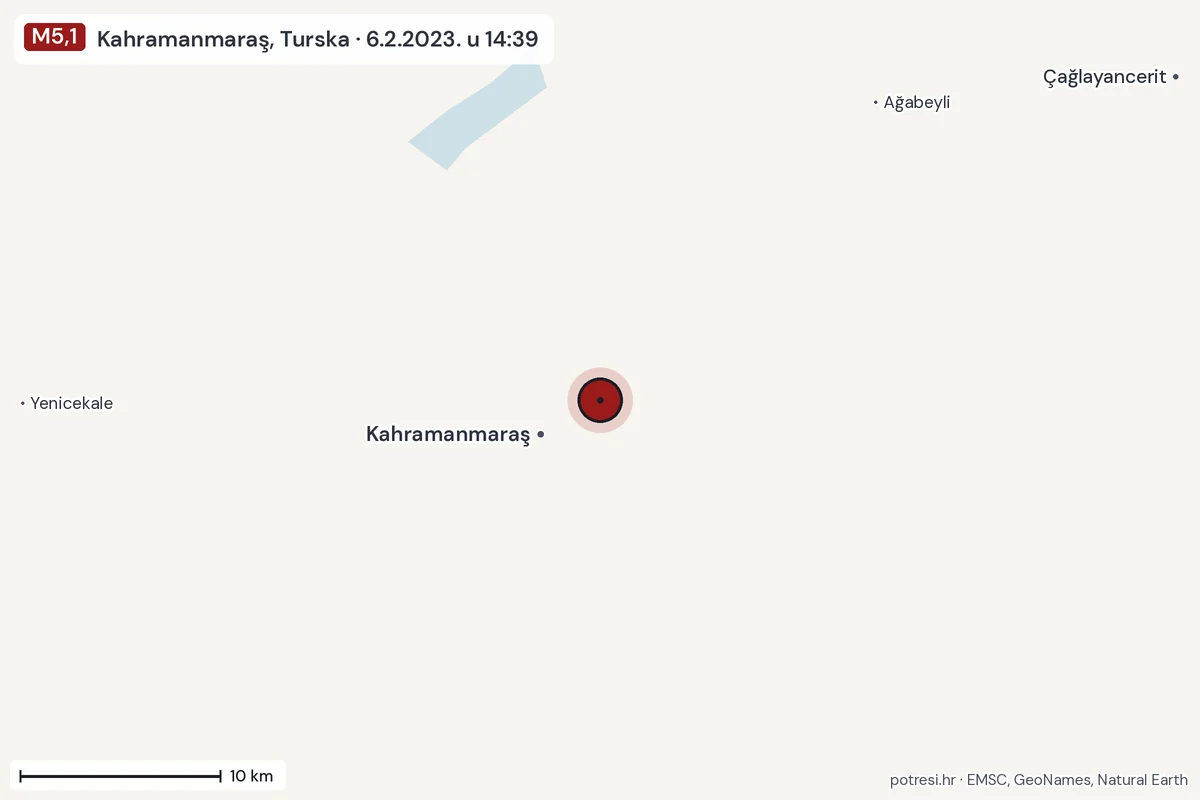 Karta: okolica epicentra, 60 km, potres M5,1, Kahramanmaraş, Turska, 6.2.2023.