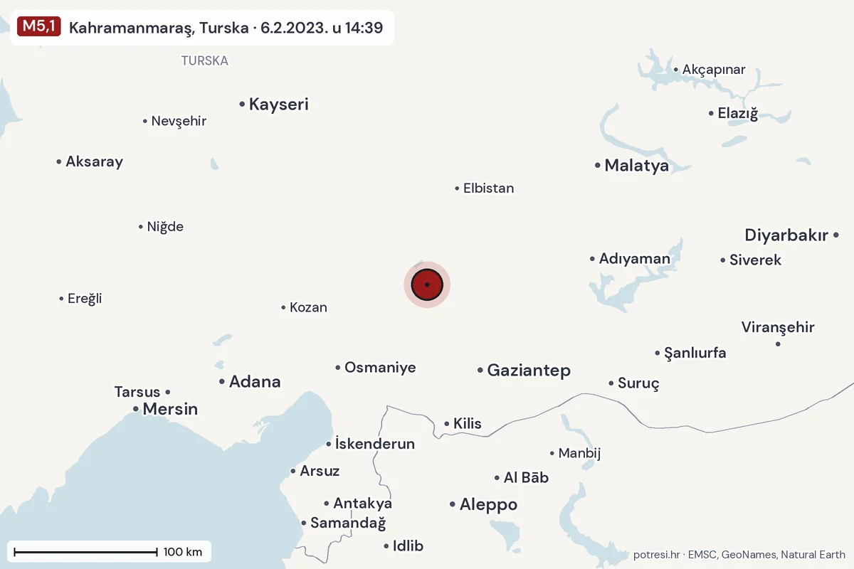 Karta: šire područje, 600 km, potres M5,1, Kahramanmaraş, Turska, 6.2.2023.