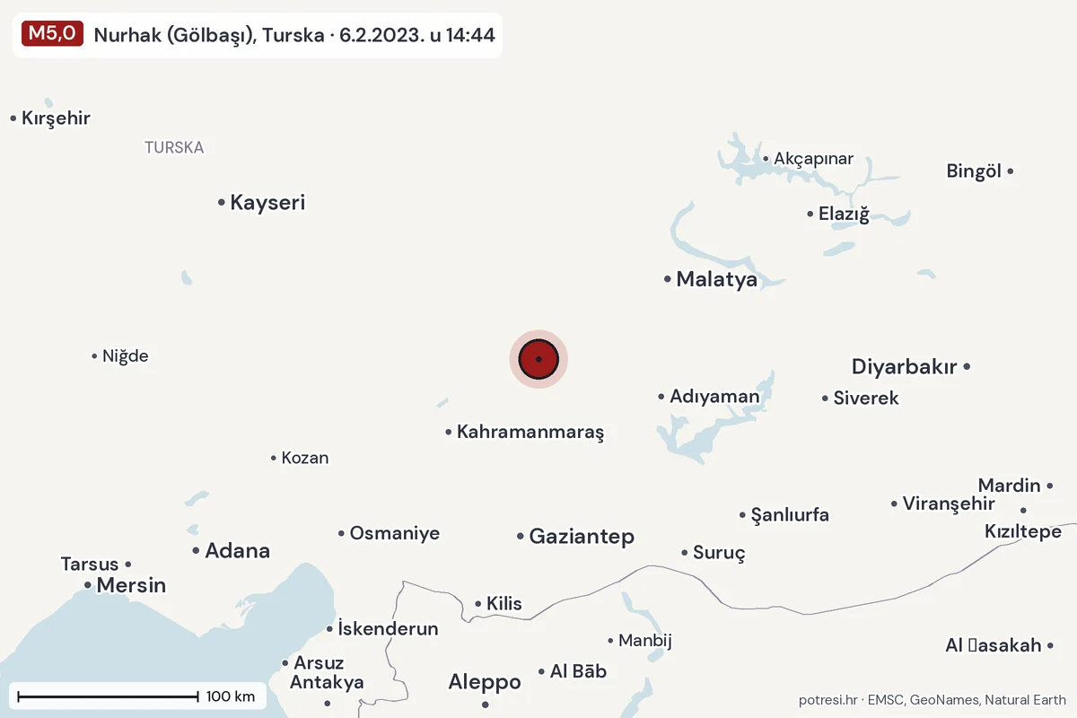 Karta: šire područje, 600 km, potres M5,0, Nurhak (Gölbaşı), Turska, 6.2.2023.