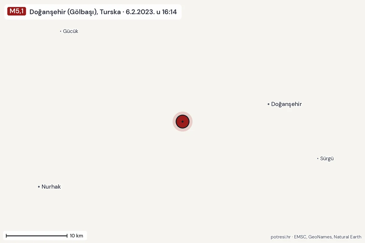 Karta: okolica epicentra, 60 km, potres M5,1, Doğanşehir (Gölbaşı), Turska, 6.2.2023.