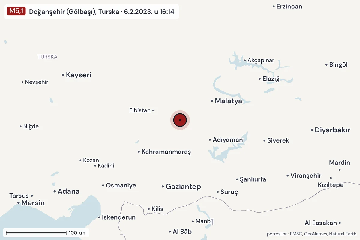 Karta: šire područje, 600 km, potres M5,1, Doğanşehir (Gölbaşı), Turska, 6.2.2023.