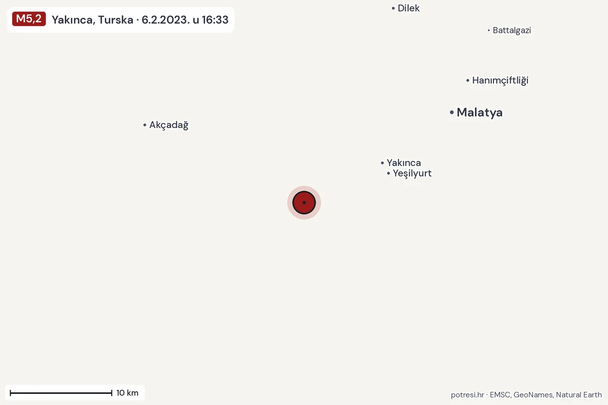 Karta: okolica epicentra, 60 km, potres M5,2, Yakınca, Turska, 6.2.2023.