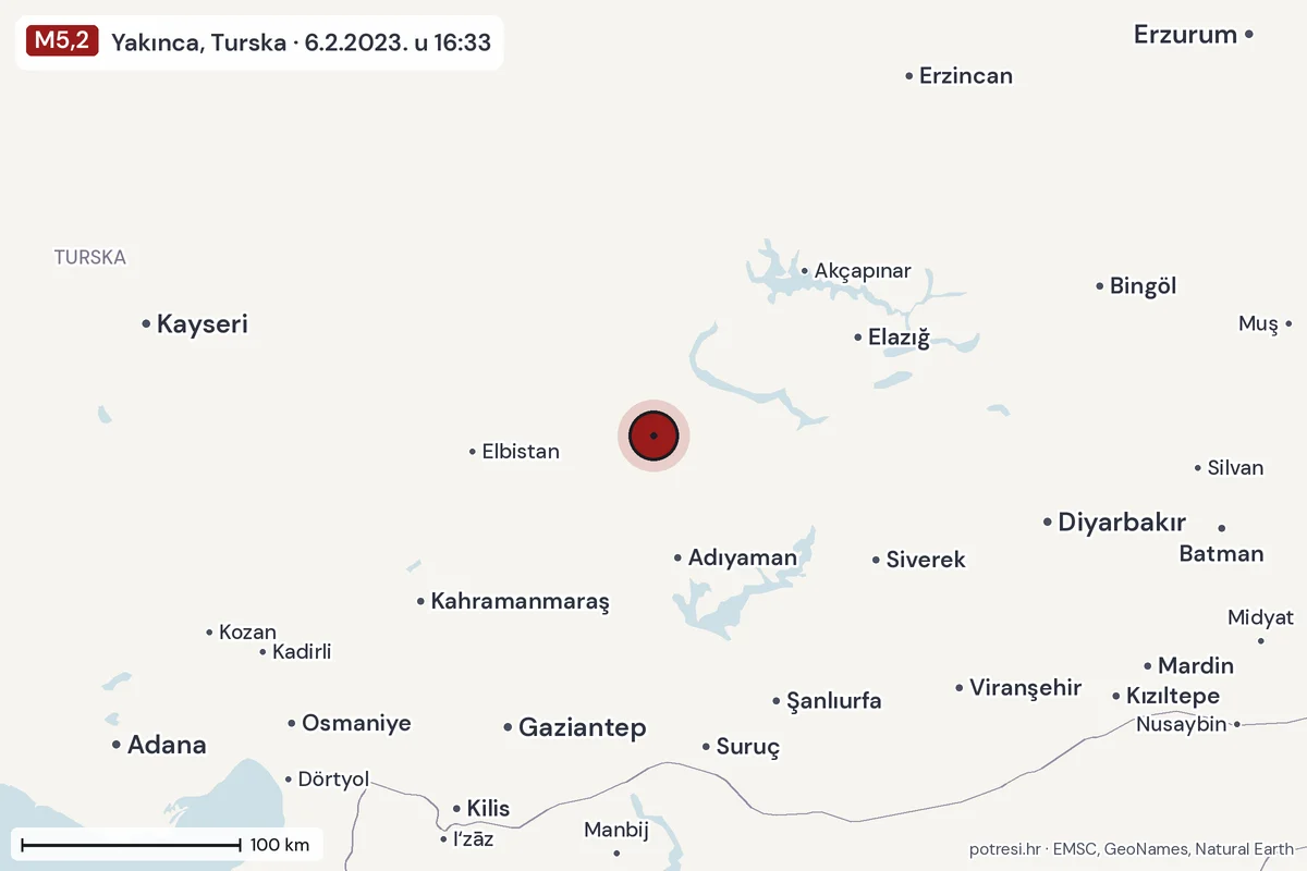 Karta: šire područje, 600 km, potres M5,2, Yakınca, Turska, 6.2.2023.