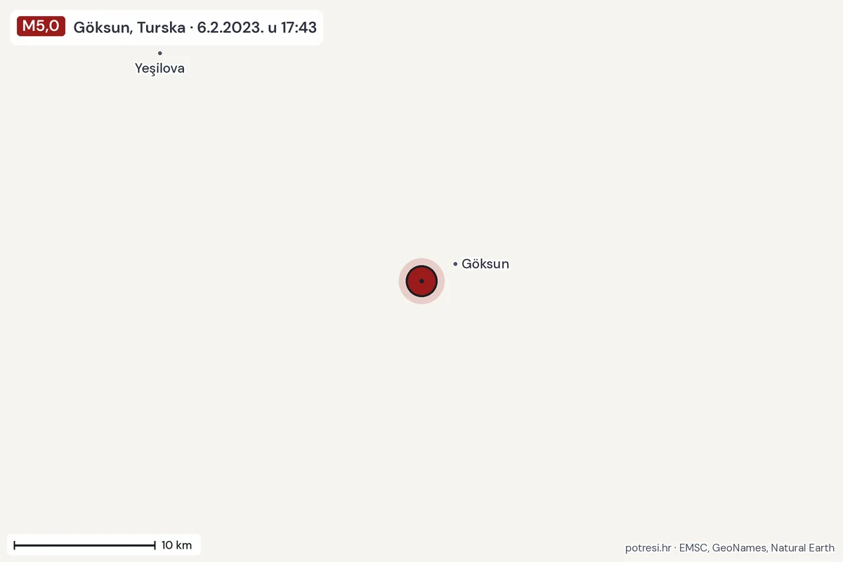 Karta: okolica epicentra, 60 km, potres M5,0, Göksun, Turska, 6.2.2023.