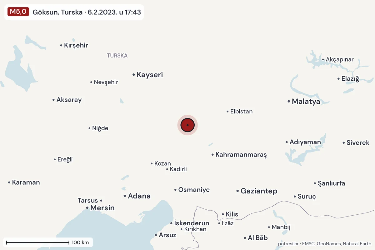 Karta: šire područje, 600 km, potres M5,0, Göksun, Turska, 6.2.2023.