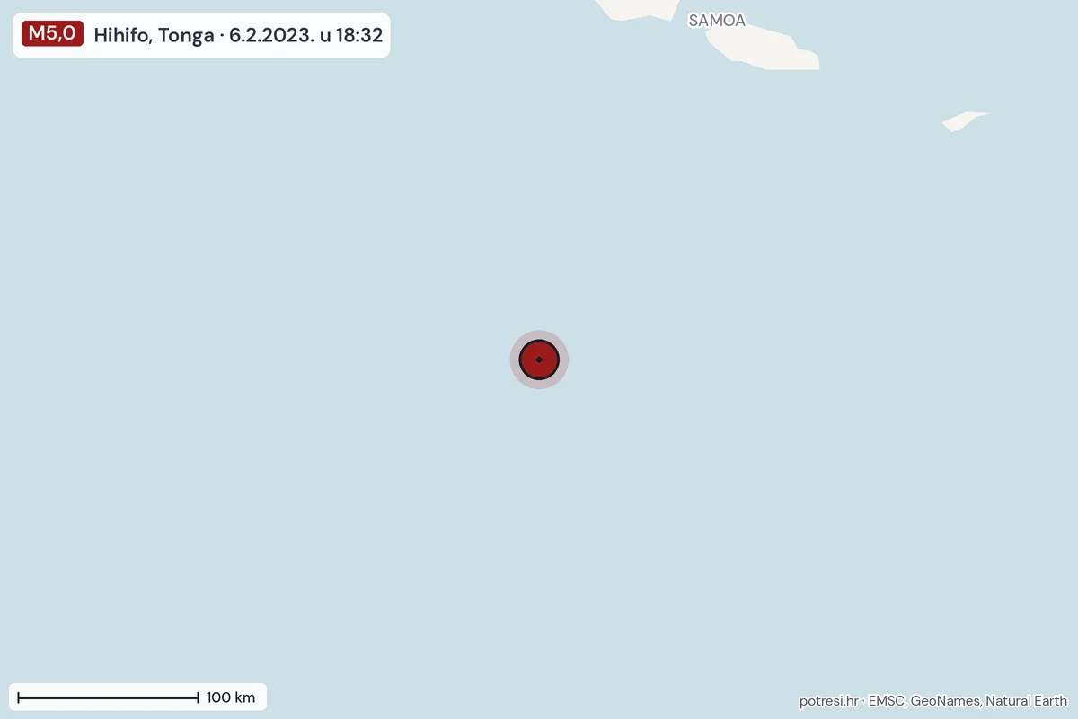 Karta: šire područje, 600 km, potres M5,0, Hihifo, Tonga, 6.2.2023.