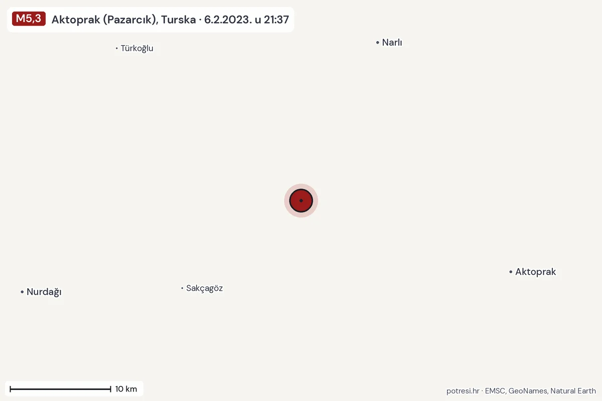 Karta: okolica epicentra, 60 km, potres M5,3, Aktoprak (Pazarcık), Turska, 6.2.2023.