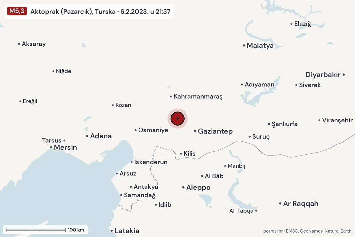 Karta: šire područje, 600 km, potres M5,3, Aktoprak (Pazarcık), Turska, 6.2.2023.