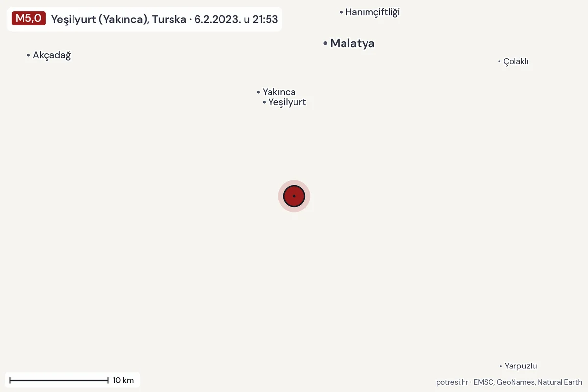 Karta: okolica epicentra, 60 km, potres M5,0, Yeşilyurt (Yakınca), Turska, 6.2.2023.
