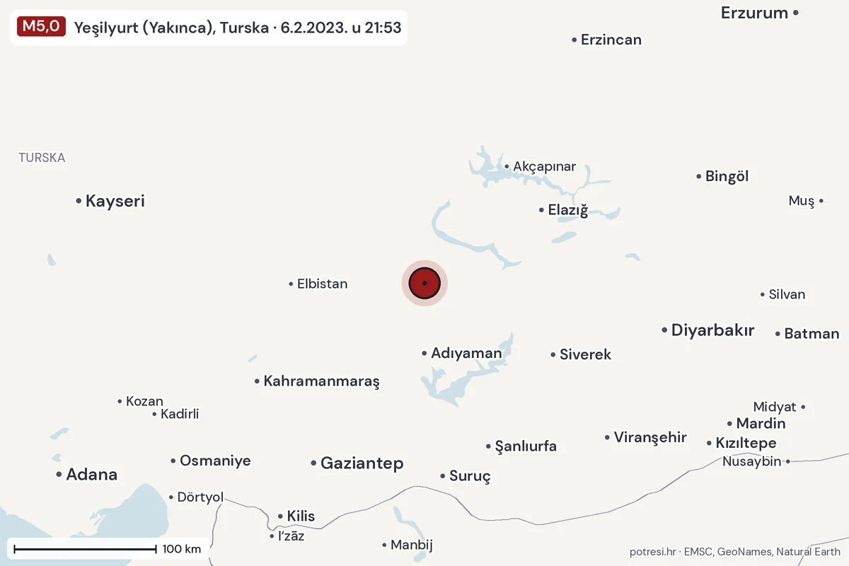Karta: šire područje, 600 km, potres M5,0, Yeşilyurt (Yakınca), Turska, 6.2.2023.