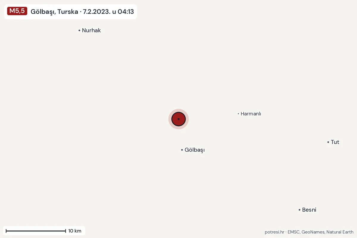 Karta: okolica epicentra, 60 km, potres M5,5, Gölbaşı, Turska, 7.2.2023.
