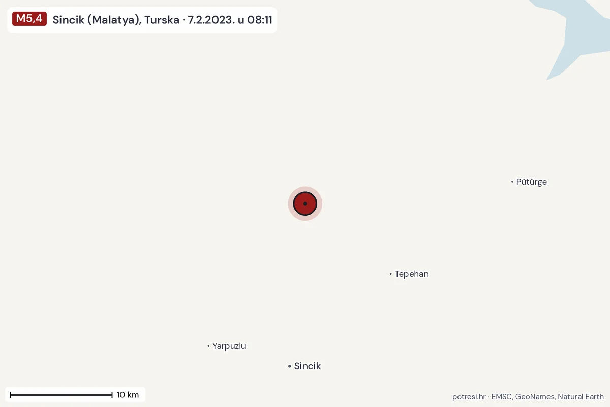 Karta: okolica epicentra, 60 km, potres M5,4, Sincik (Malatya), Turska, 7.2.2023.