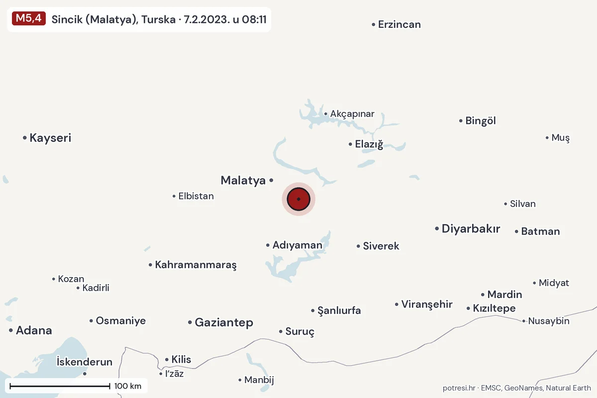 Karta: šire područje, 600 km, potres M5,4, Sincik (Malatya), Turska, 7.2.2023.