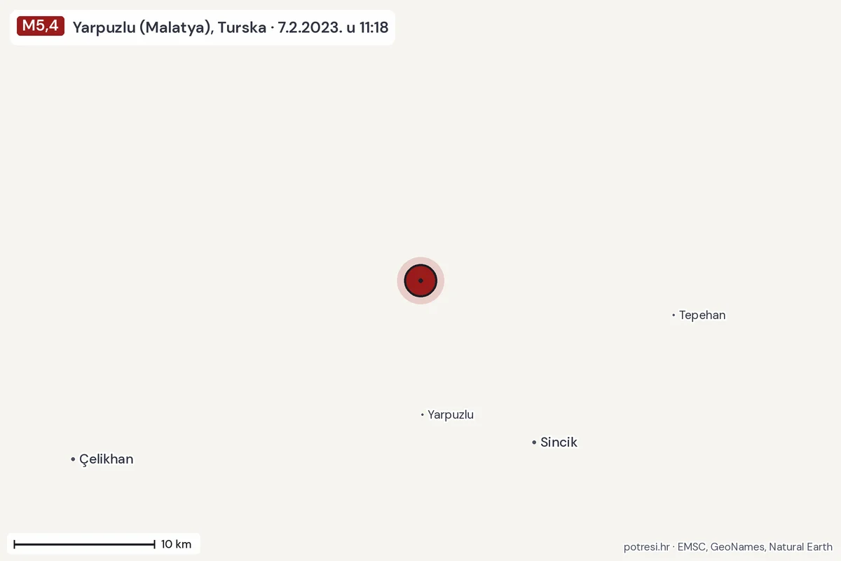 Karta: okolica epicentra, 60 km, potres M5,4, Yarpuzlu (Malatya), Turska, 7.2.2023.