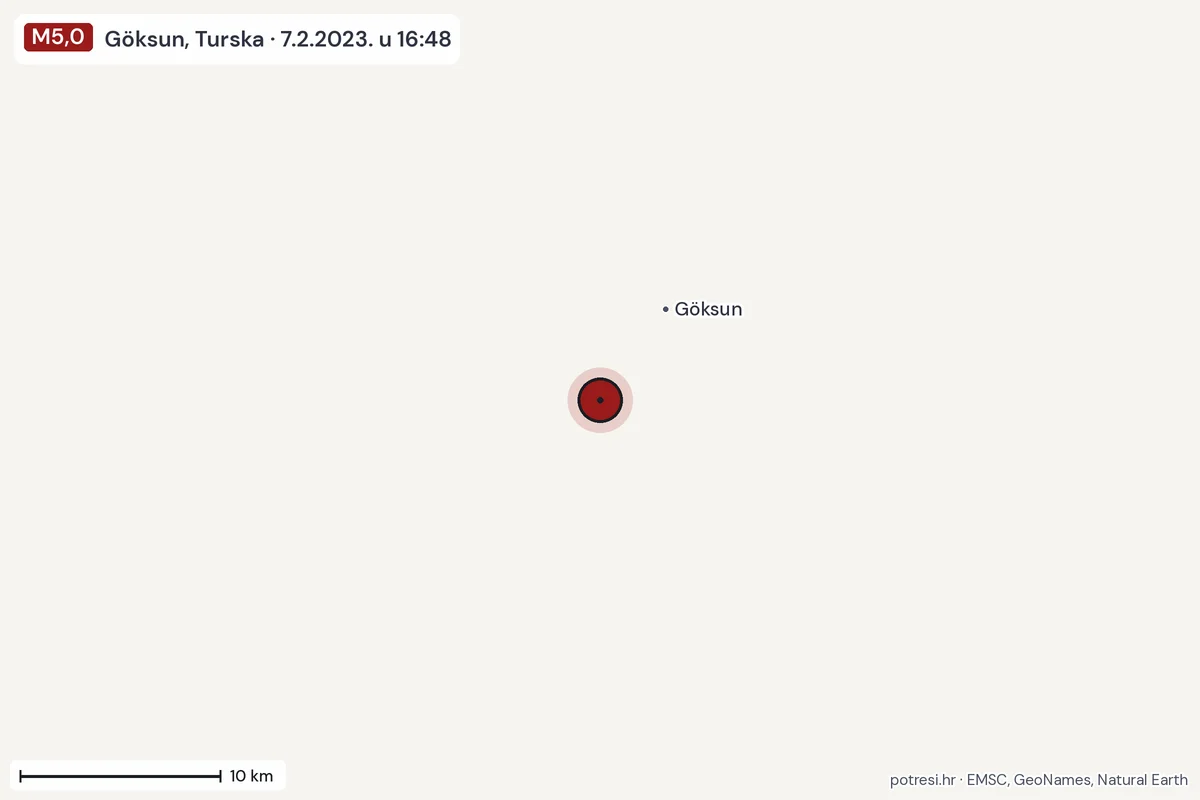 Karta: okolica epicentra, 60 km, potres M5,0, Göksun, Turska, 7.2.2023.