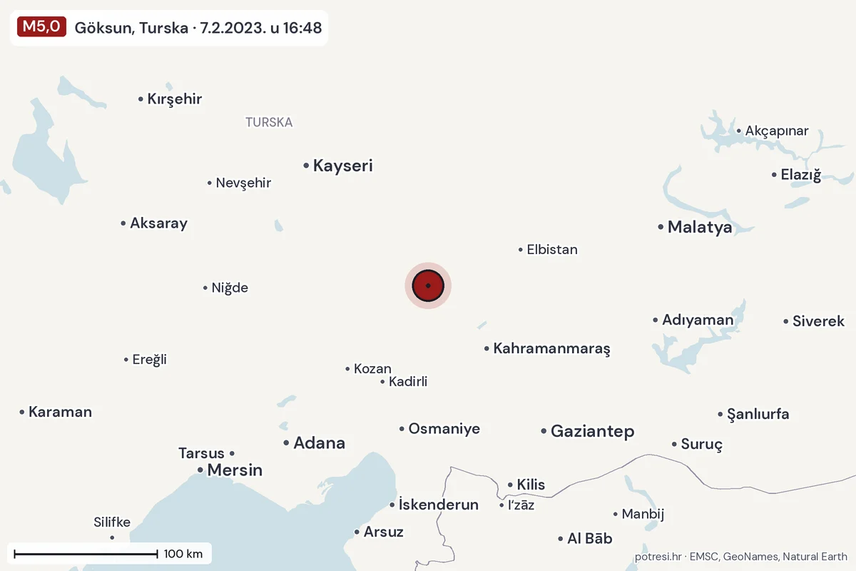Karta: šire područje, 600 km, potres M5,0, Göksun, Turska, 7.2.2023.