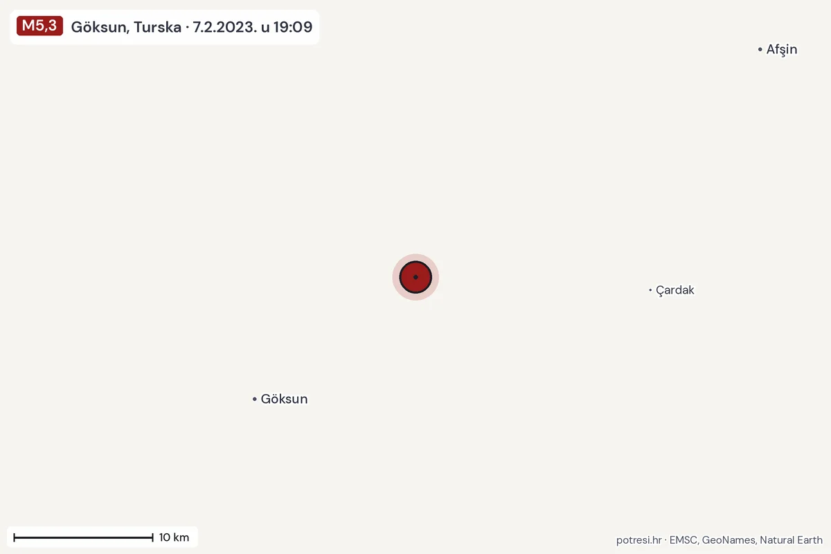 Karta: okolica epicentra, 60 km, potres M5,3, Göksun, Turska, 7.2.2023.