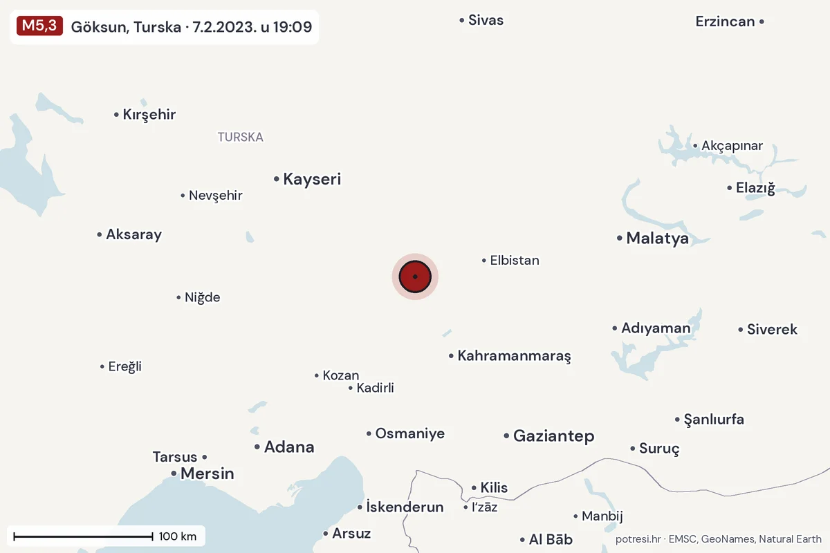 Karta: šire područje, 600 km, potres M5,3, Göksun, Turska, 7.2.2023.