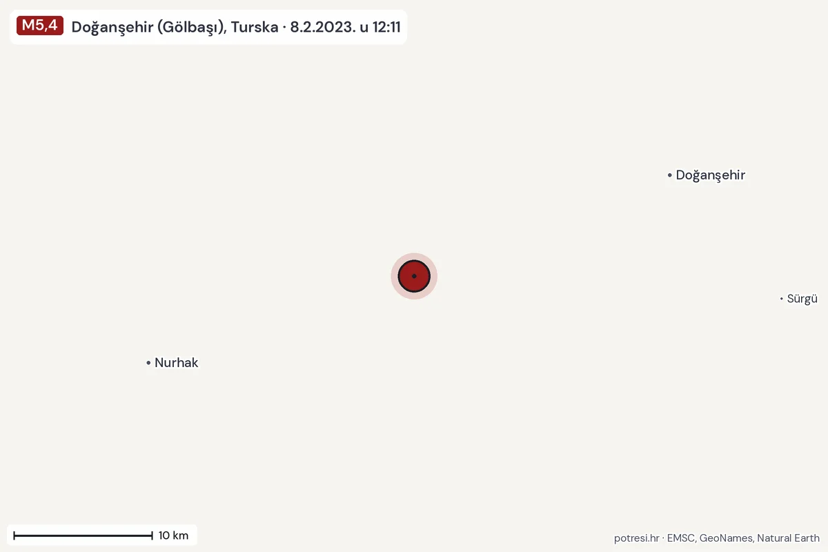 Karta: okolica epicentra, 60 km, potres M5,4, Doğanşehir (Gölbaşı), Turska, 8.2.2023.