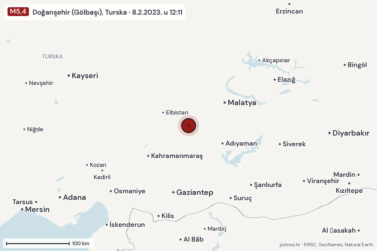 Karta: šire područje, 600 km, potres M5,4, Doğanşehir (Gölbaşı), Turska, 8.2.2023.
