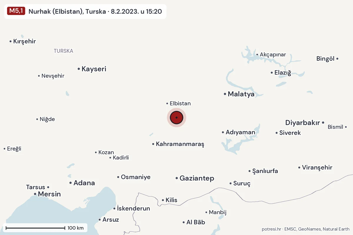 Karta: šire područje, 600 km, potres M5,1, Nurhak (Elbistan), Turska, 8.2.2023.