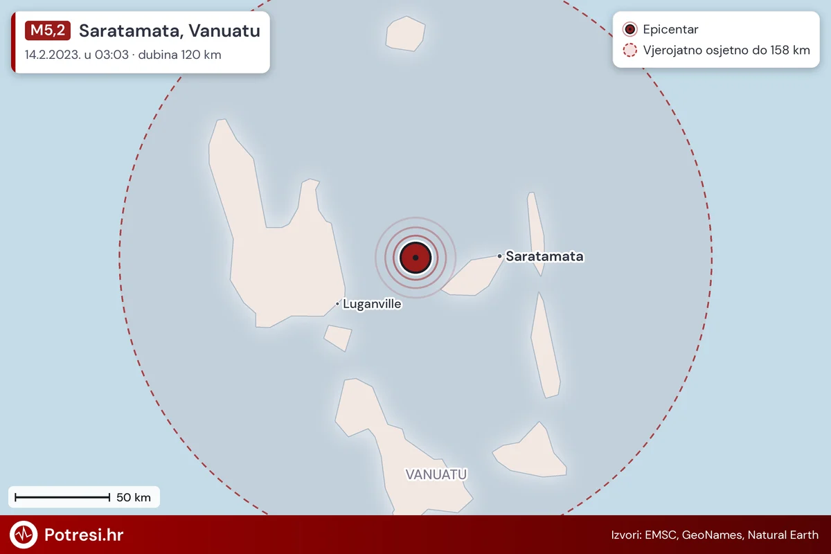 Karta: šire područje i vjerojatni doseg osjeta, potres M5,2, Saratamata, Vanuatu, 14.2.2023.