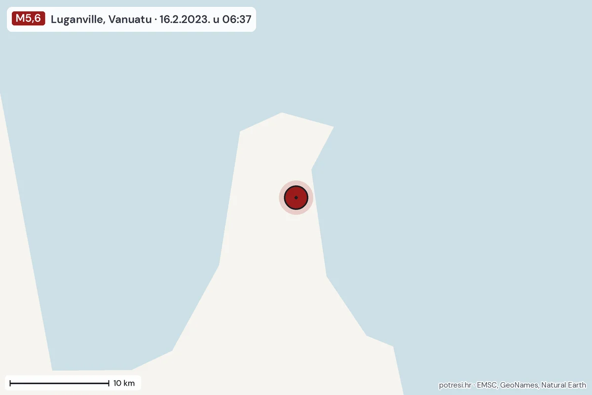 Karta: okolica epicentra, 60 km, potres M5,6, Luganville, Vanuatu, 16.2.2023.