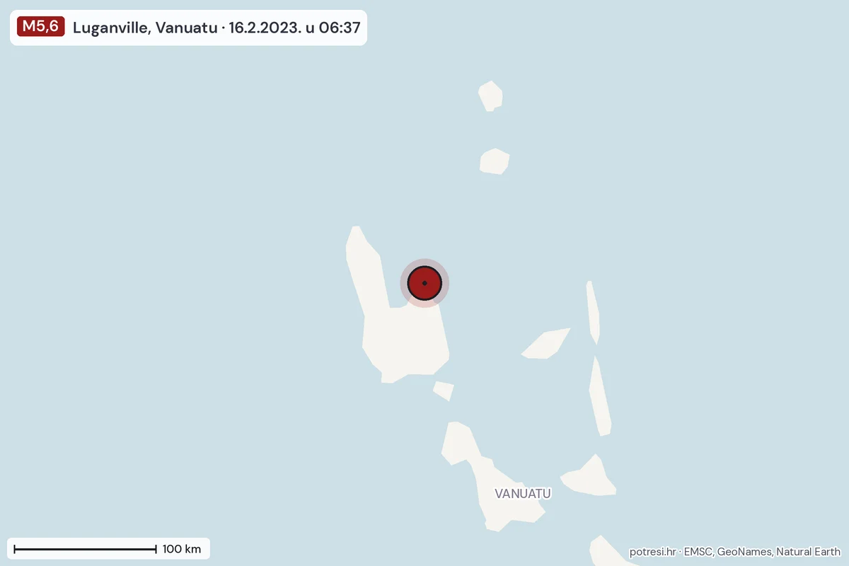 Karta: šire područje, 600 km, potres M5,6, Luganville, Vanuatu, 16.2.2023.