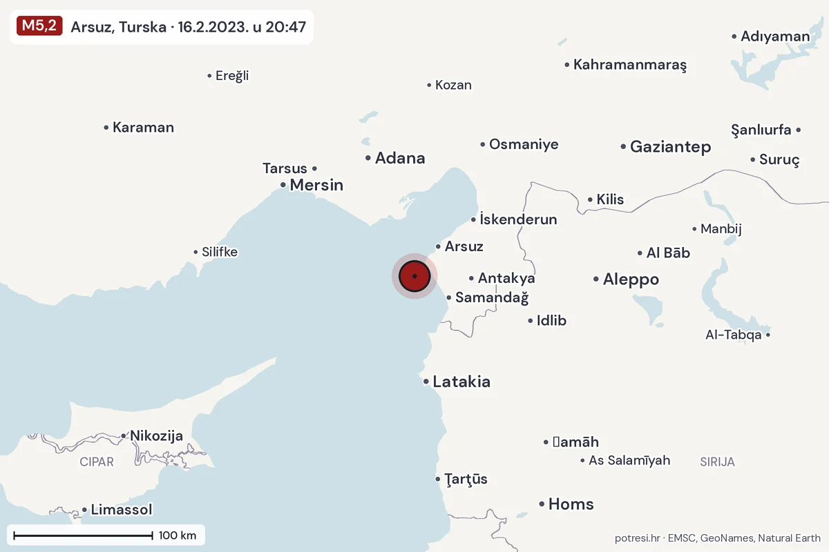 Karta: šire područje, 600 km, potres M5,2, Arsuz, Turska, 16.2.2023.