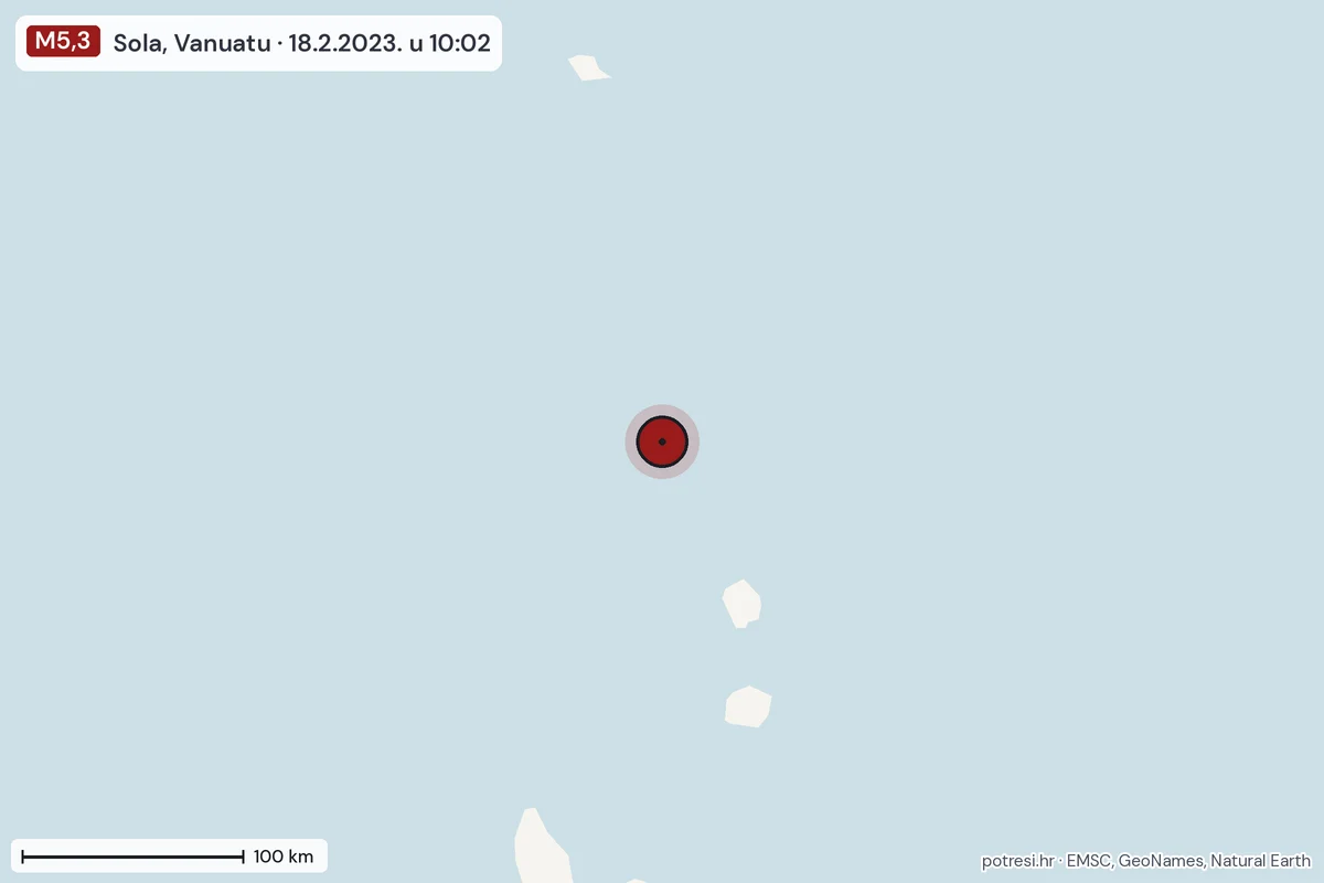 Karta: šire područje, 600 km, potres M5,3, Sola, Vanuatu, 18.2.2023.