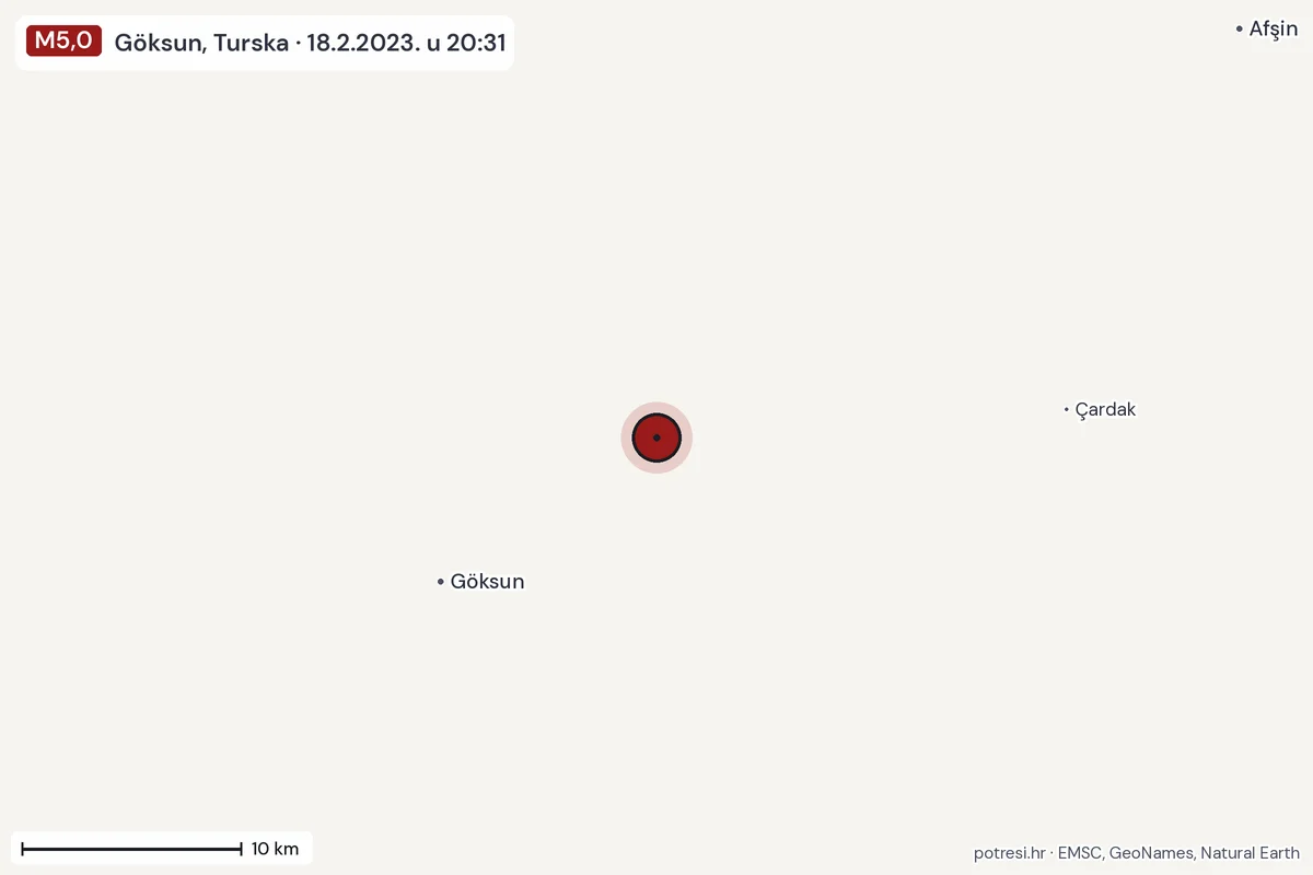 Karta: okolica epicentra, 60 km, potres M5,0, Göksun, Turska, 18.2.2023.