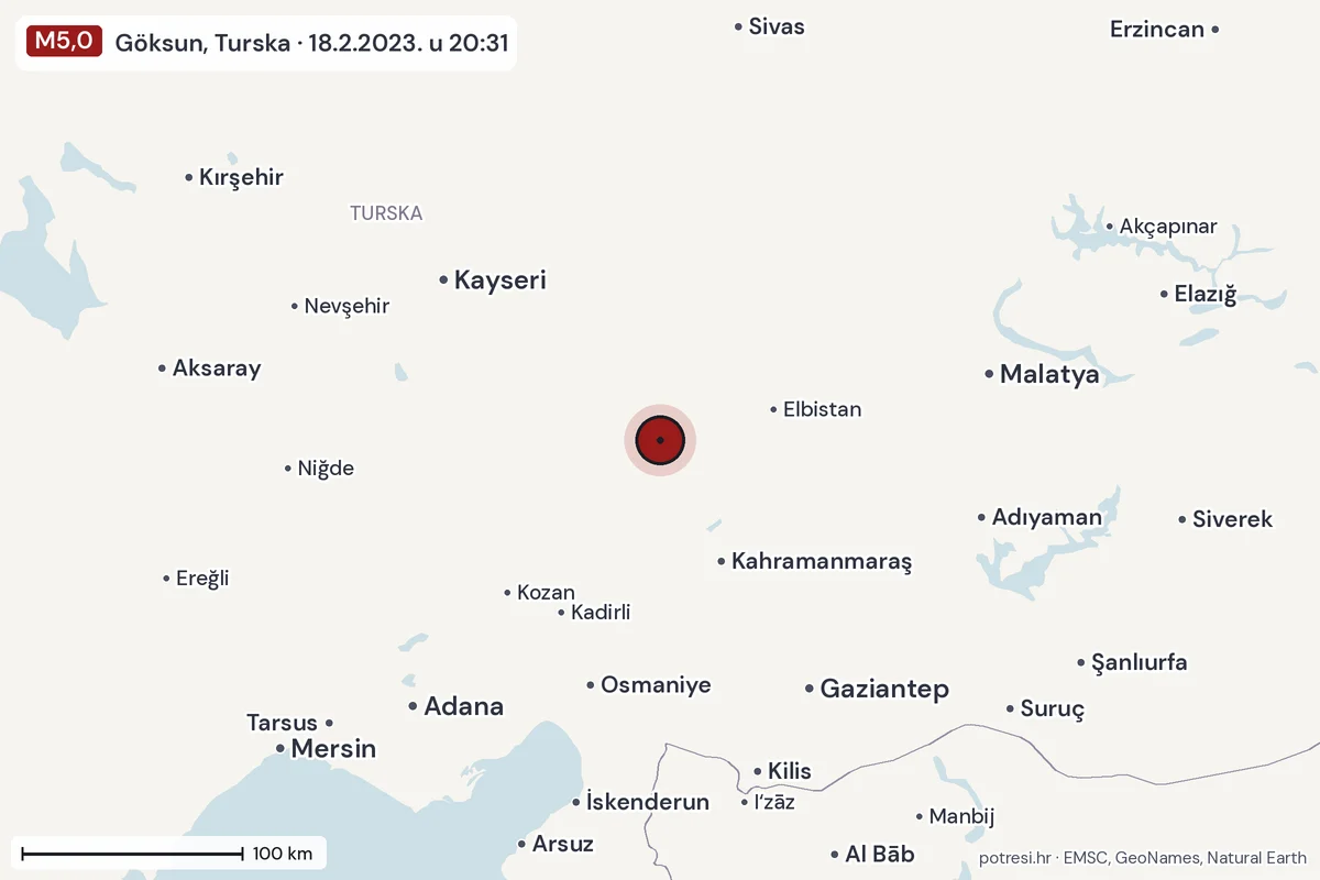 Karta: šire područje, 600 km, potres M5,0, Göksun, Turska, 18.2.2023.