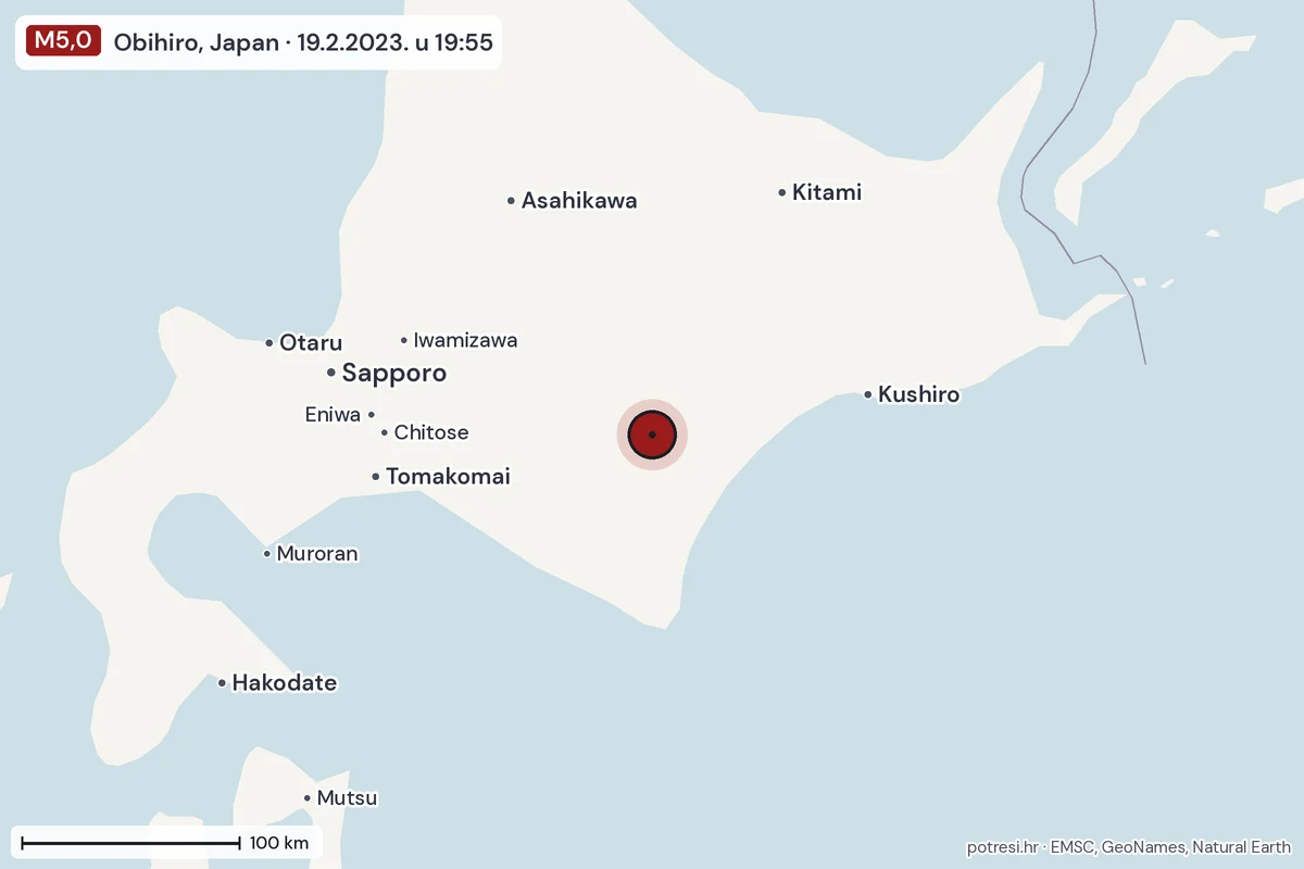 Karta: šire područje, 600 km, potres M5,0, Obihiro, Japan, 19.2.2023.