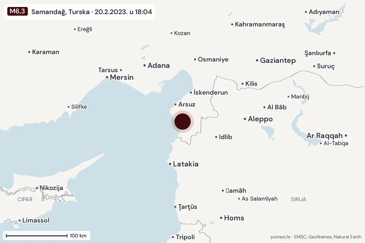 Karta: šire područje, 600 km, potres M6,3, Samandağ, Turska, 20.2.2023.