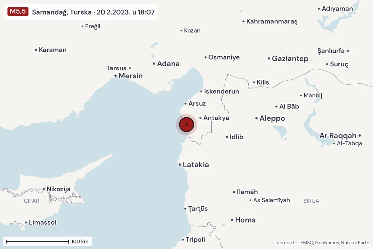Karta: šire područje, 600 km, potres M5,5, Samandağ, Turska, 20.2.2023.