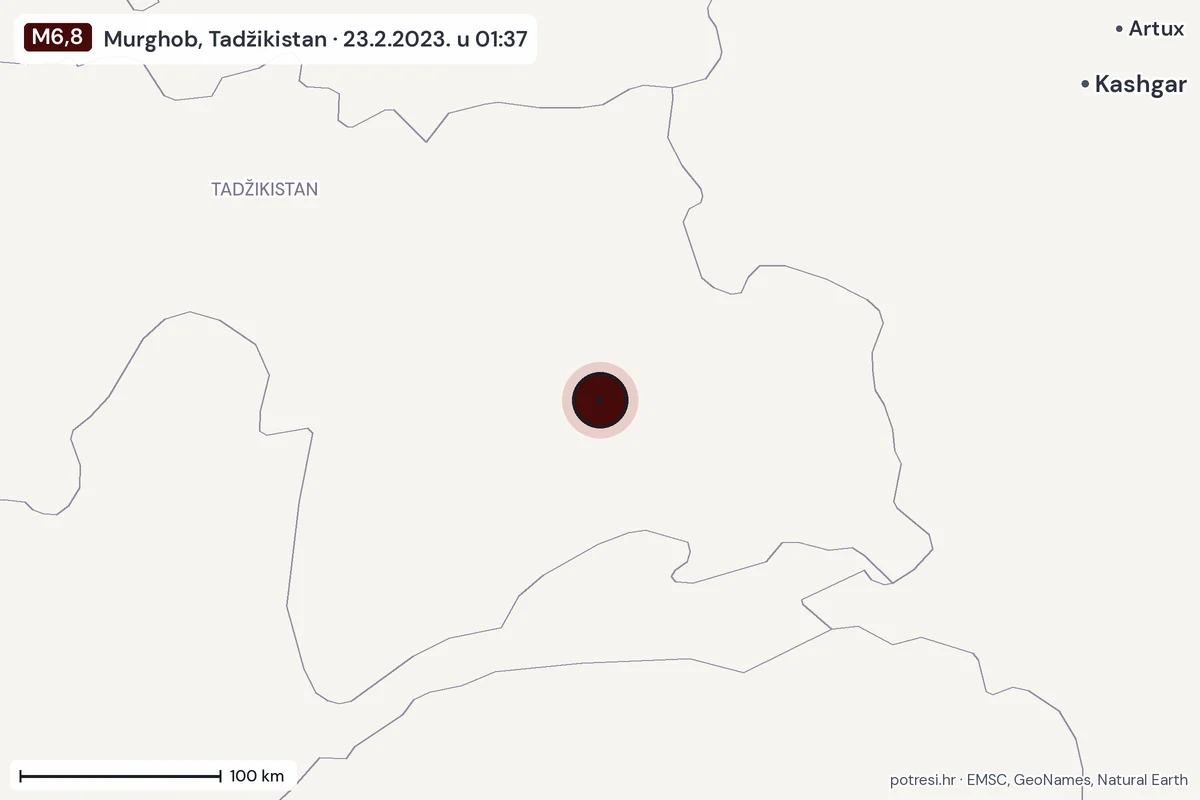 Karta: šire područje, 600 km, potres M6,8, Murghob, Tadžikistan, 23.2.2023.