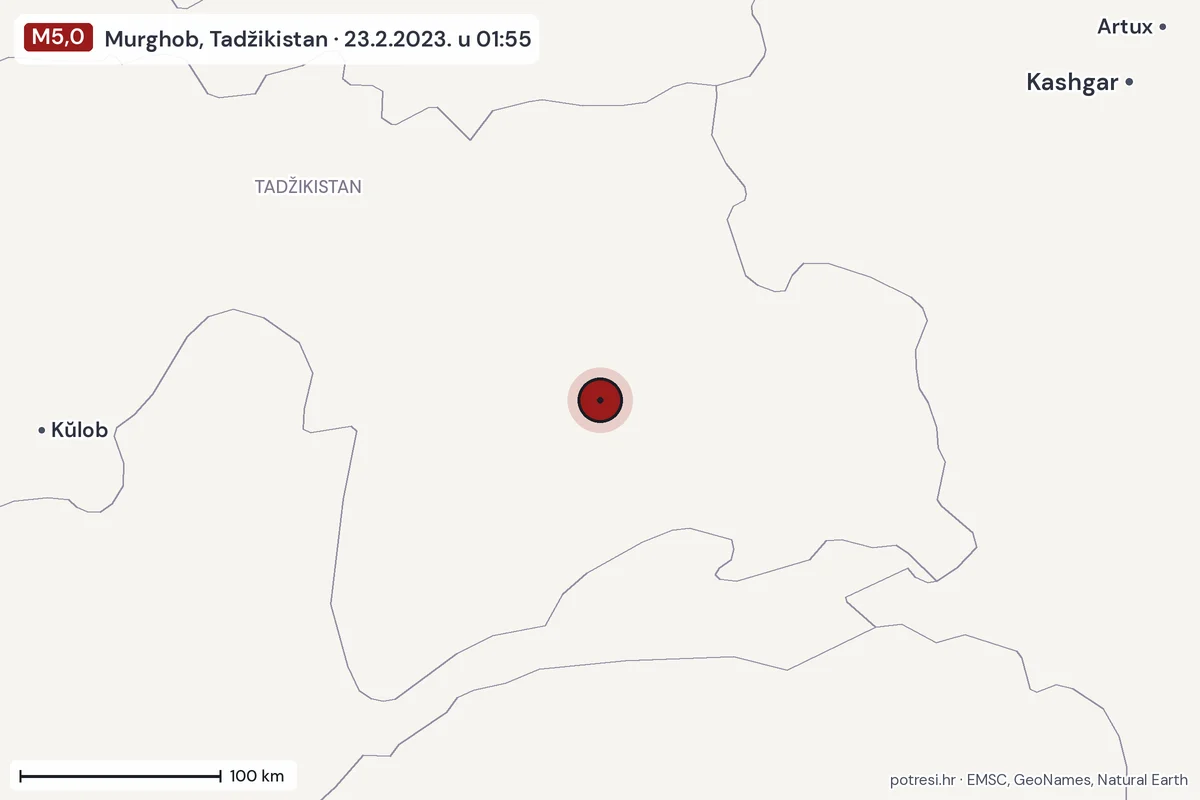 Karta: šire područje, 600 km, potres M5,0, Murghob, Tadžikistan, 23.2.2023.
