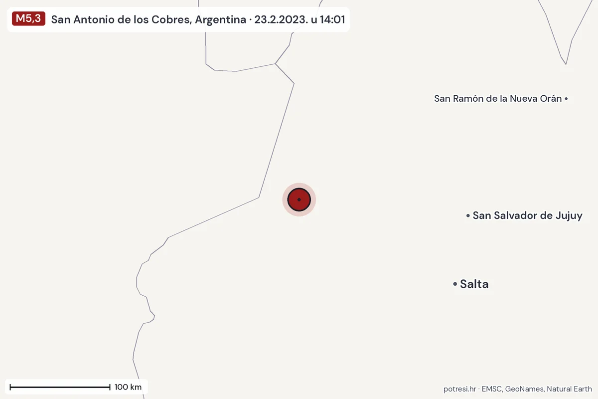 Karta: šire područje, 600 km, potres M5,3, San Antonio de los Cobres, Argentina, 23.2.2023.