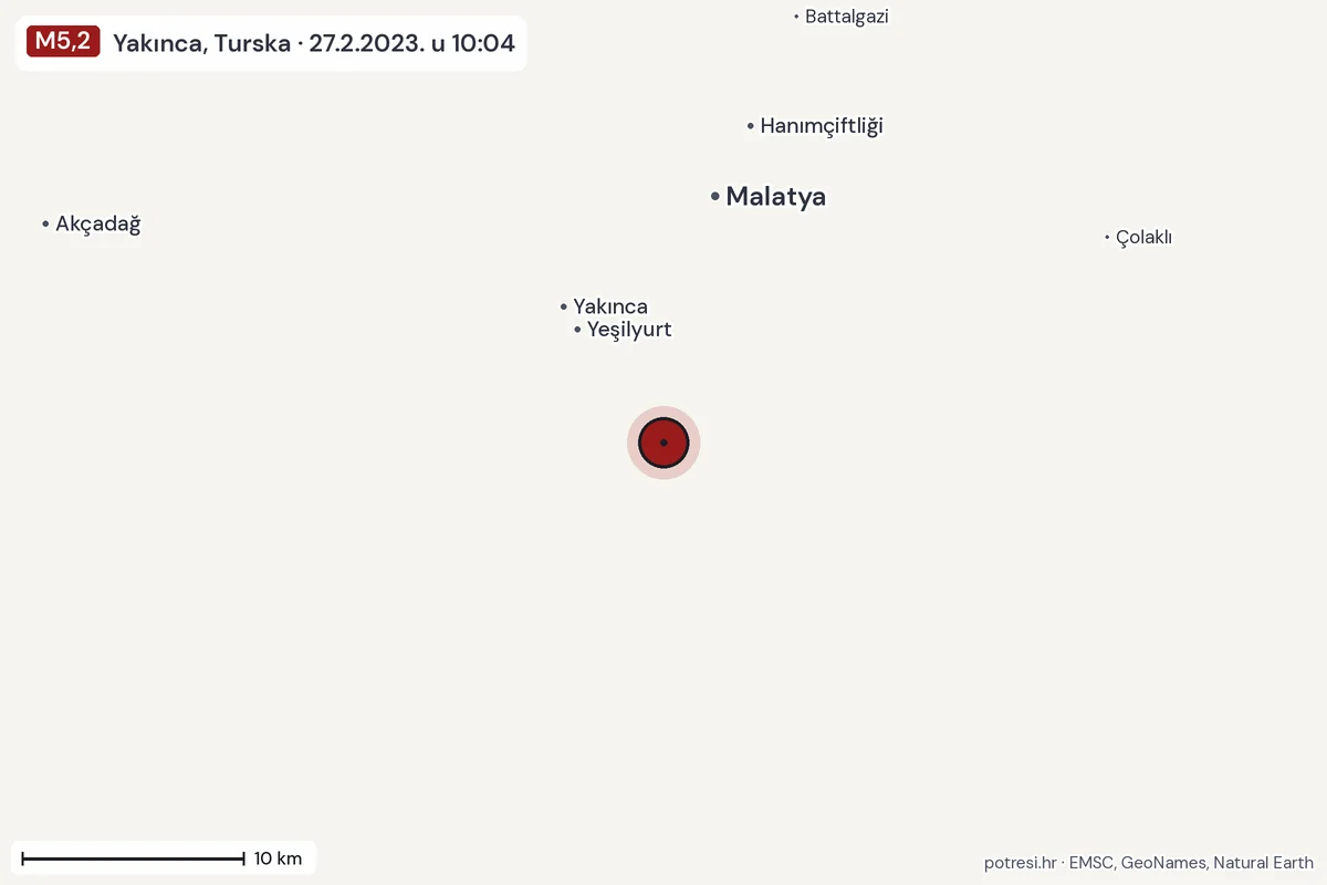 Karta: okolica epicentra, 60 km, potres M5,2, Yakınca, Turska, 27.2.2023.