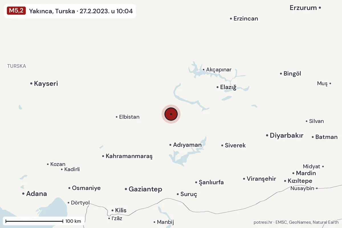 Karta: šire područje, 600 km, potres M5,2, Yakınca, Turska, 27.2.2023.